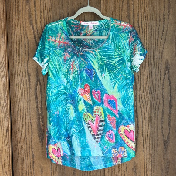 Leoma Lovegrove Tops - Tropical beachy floral hearts art to wear women’s blouse top size M